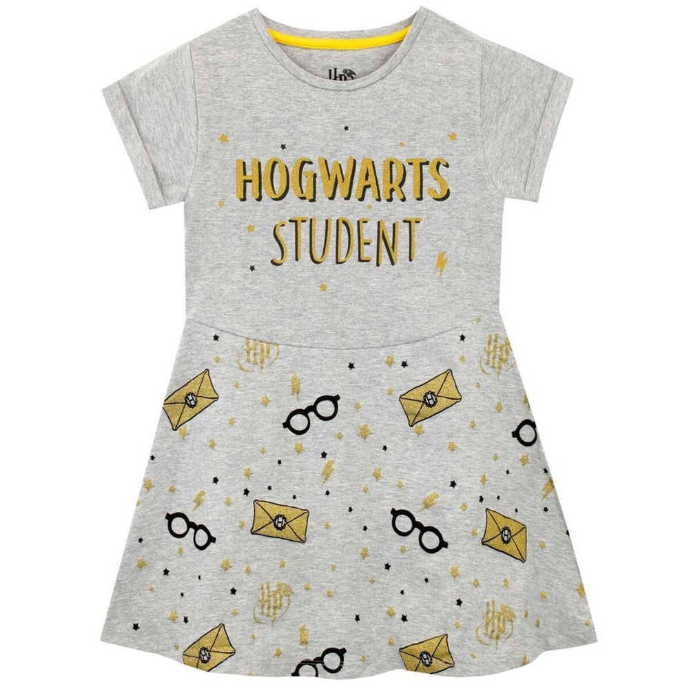 Girls Harry Potter Dress Skater Summer Frock Grey Yellow Stars Lightning